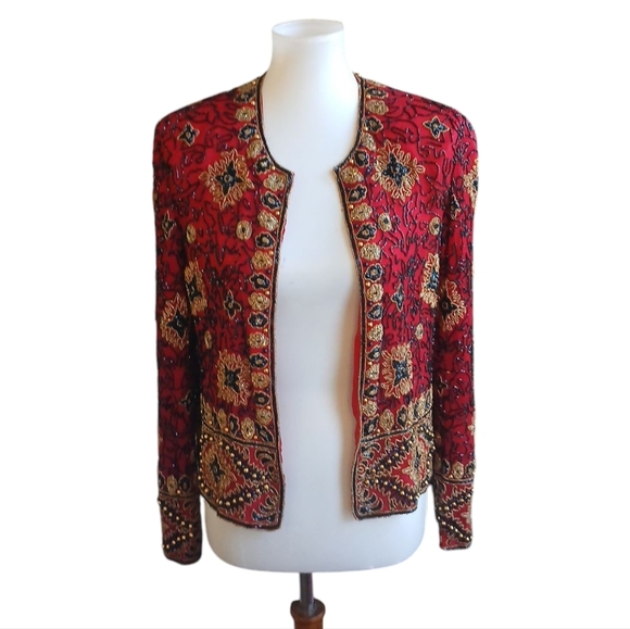 Pappel Boutique Red and Gold Ornate Cropped Blazer Size Medium - Picture 2 of 8